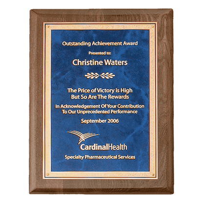 Walnut Piano Finish Plaque with Gold 7" x 9" Airflyte Premium Florentine Border Sapphire Marble LaserFX Plate