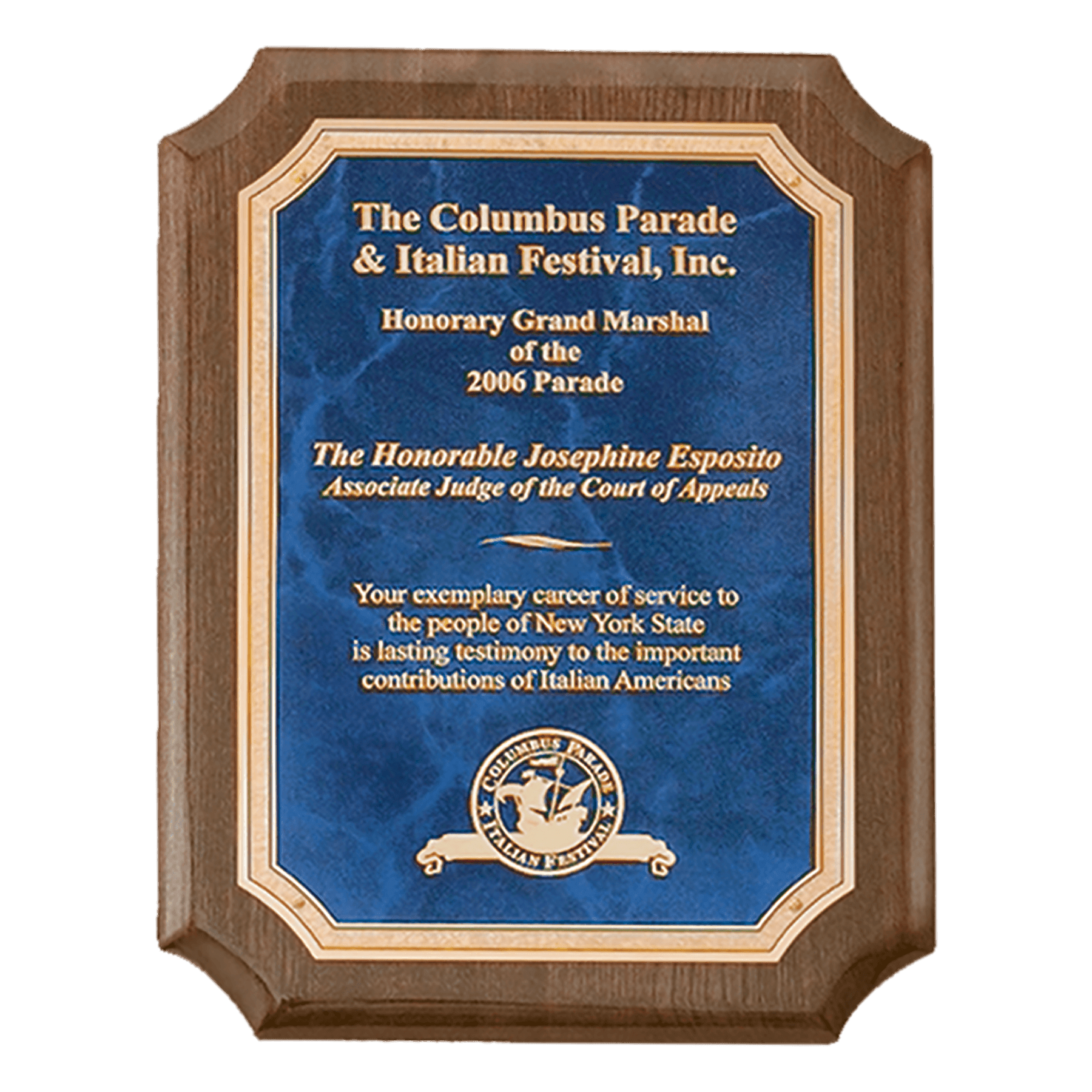 Walnut Piano Finish Plaque with Gold 2 7" x 9" Airflyte Premium Florentine Border Sapphire Marble LaserFX Plate