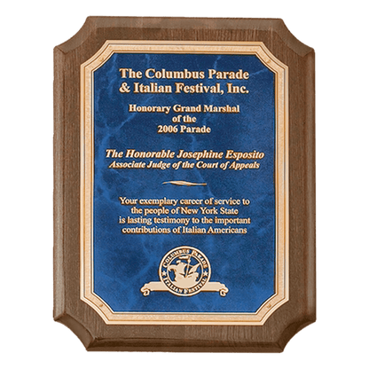 Walnut Piano Finish Plaque with Gold 2 9" x 12" Airflyte Premium Florentine Border Sapphire Marble LaserFX Plate