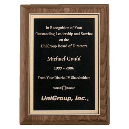 Walnut Piano Finish Plaque with Textured Black/Gold 9" x 12" Airflyte Florentine Border LaserFX Plate