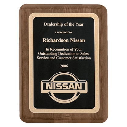 Walnut Piano Finish Plaque with Gold Florentine Border Textured Black 2 7" x 9" Airflyte Premium LaserFX Plate
