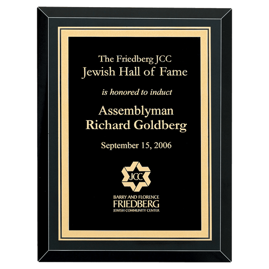 7" x 9" Airflyte Premium Black Mirror Glass Plaque with Gold Florentine Border LaserFX Plate