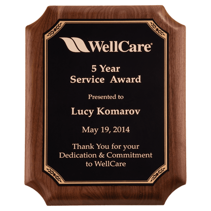 Walnut Plaque with Gold Border Black 8" x 10 1/2" American LaserFX Plate