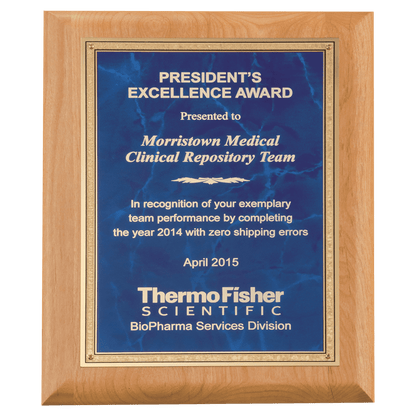Alder Wood Plaque with Sapphire Marble Gold 7" x 9" Natural Florentine Bordered LaserFX Plate