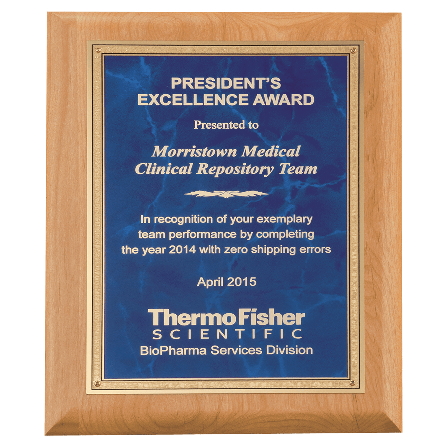 Alder Wood Plaque with Sapphire Marble Gold 9" x 12" Natural Florentine Bordered LaserFX Plate