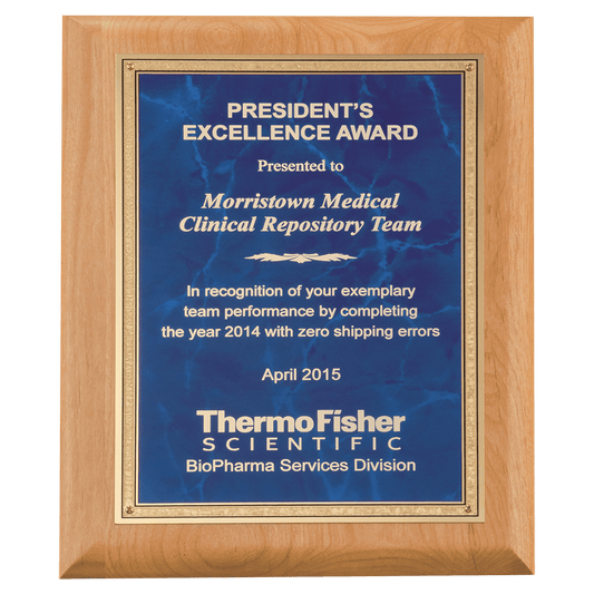 Alder Wood Plaque with Sapphire Marble Gold 9" x 12" Natural Florentine Bordered LaserFX Plate