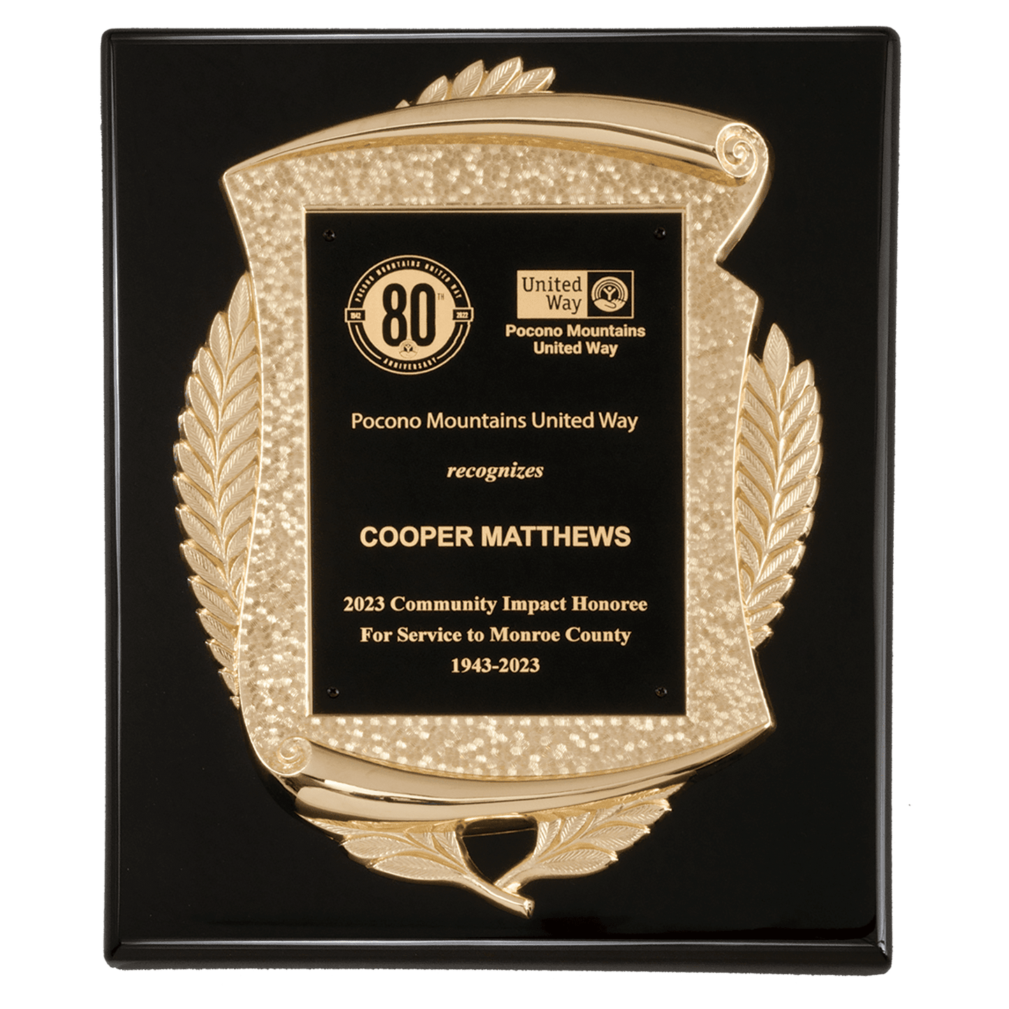 10 1/2" x 13" Black High Gloss Plaque with Metal Gold Scroll Frame Casting with Black LaserFX Plate