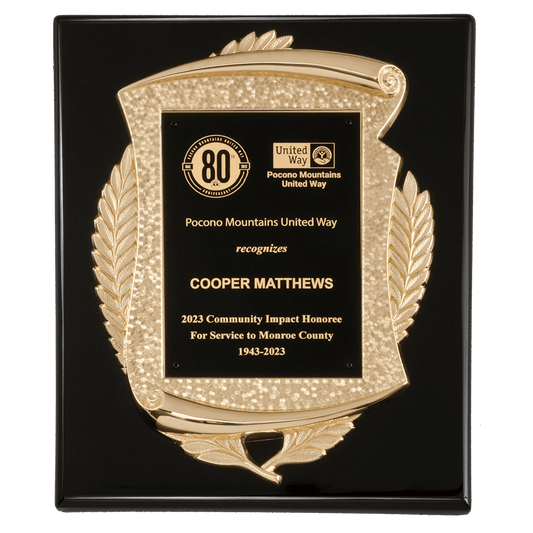 10 1/2" x 13" Black High Gloss Plaque with Metal Gold Scroll Frame Casting with Black LaserFX Plate