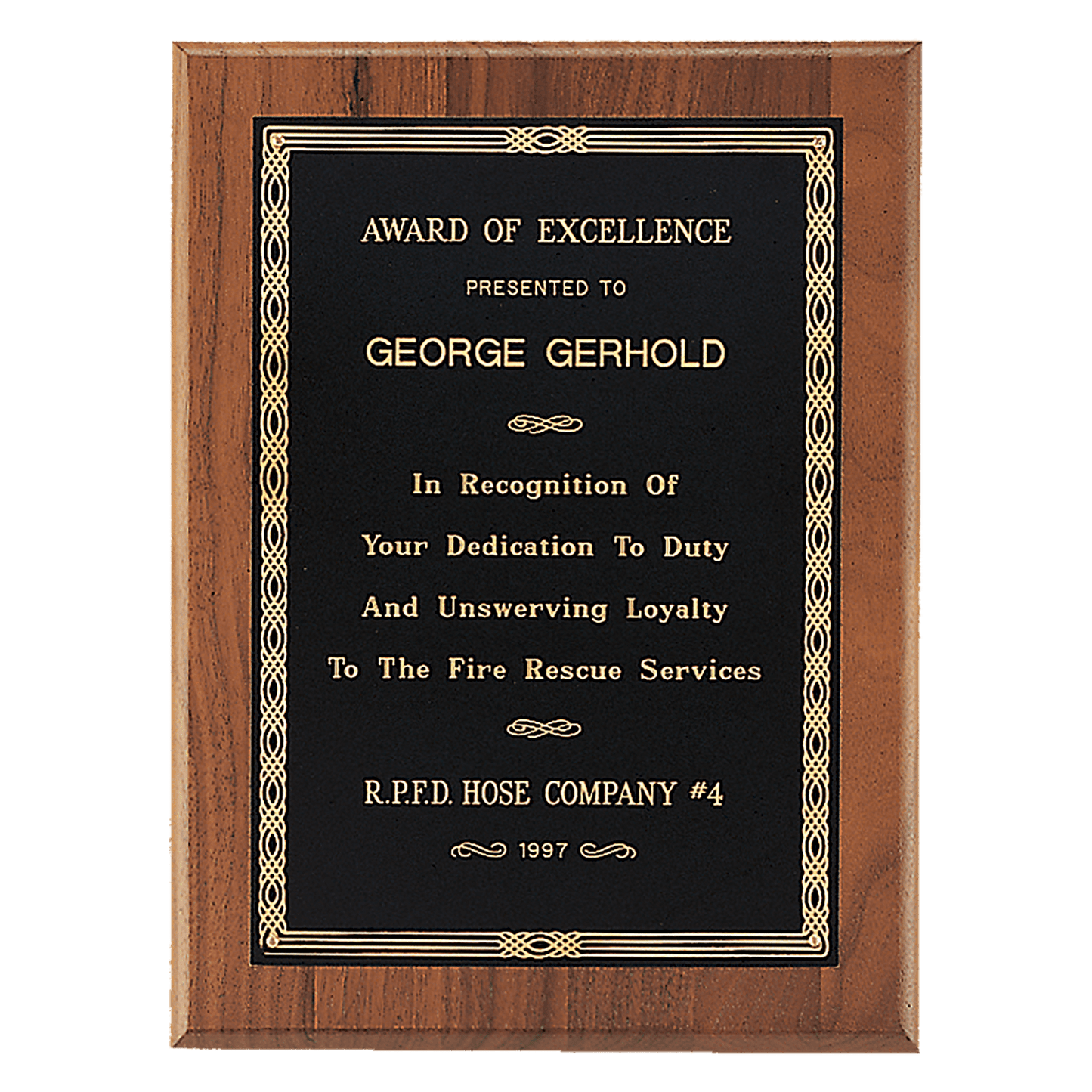 8" x 10" Black Laserable Gold Border Plate on an American Walnut Plaque - Sheffield Series