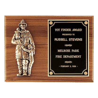 Walnut Plaque with Firefighter Relief and Black Brass 9" x 12" American Plate