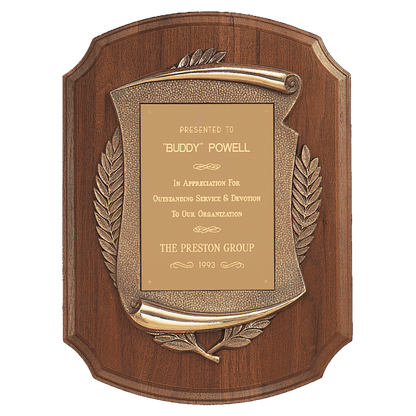 Walnut Notch Corner Plaque w/Antique Bronze Scroll/Brushed Brass 11" x 15" American Plate
