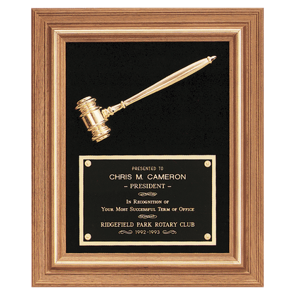 Gold Electroplated Gavel in a Walnut Frame with Black Velour Background and Black Laserable Brass 15" x 18" Plate