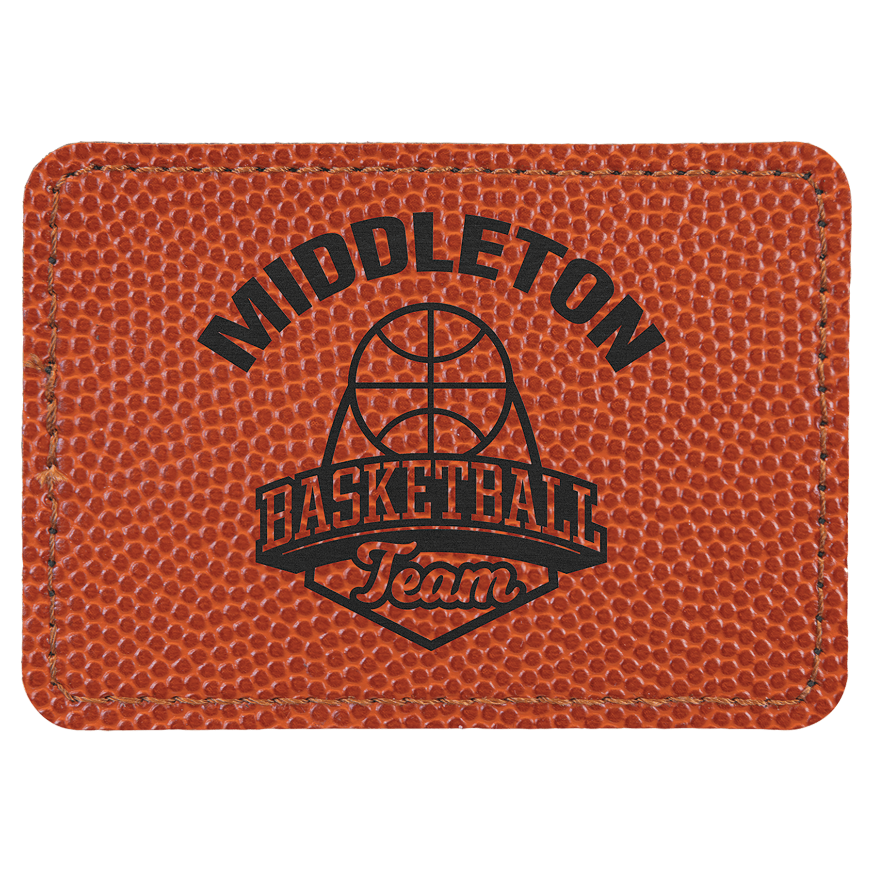 Basketball 3 1/2" x 2 1/2" Rectangle Laserable Leatherette Patch with Adhesive