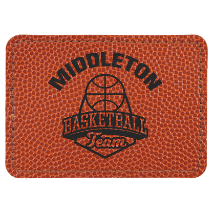 Basketball 3 1/2" x 2 1/2" Rectangle Laserable Leatherette Patch with Adhesive