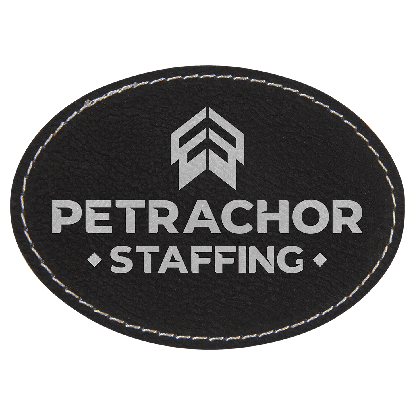 Black/Silver 3 1/2" x 2 1/2" Laserable Leatherette Oval Patch with Adhesive