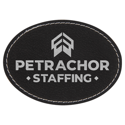 Black/Silver 3 1/2" x 2 1/2" Laserable Leatherette Oval Patch with Adhesive