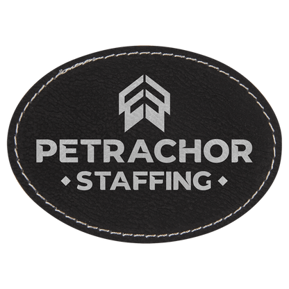 Black/Silver 3 1/2" x 2 1/2" Laserable Leatherette Oval Patch with Kota Pro Adhesive
