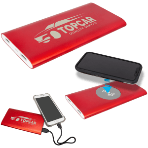 Red Power Bank and Anodized Aluminum Wireless Charger with Power Cord