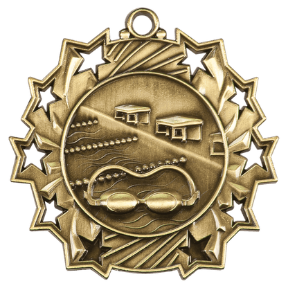 Antique Gold 2 1/4" Swimming Ten Star Medal