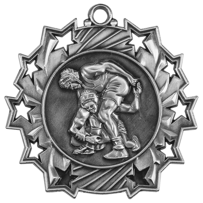 Antique Silver 2 1/4" Wrestling Ten Star Medal