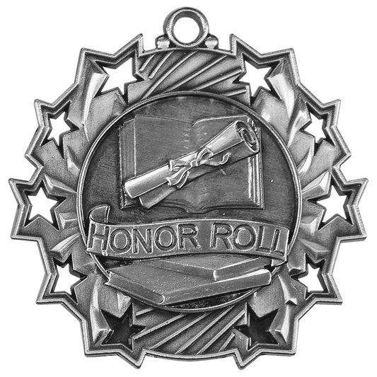 Antique Silver 2 1/4" Honor Roll Ten Star Medal