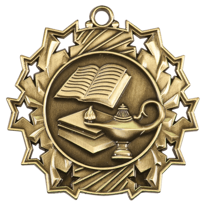 Antique Gold 2 1/4" Lamp of Knowledge Ten Star Medal