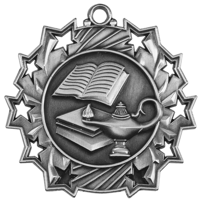 Antique Silver 2 1/4" Lamp of Knowledge Ten Star Medal