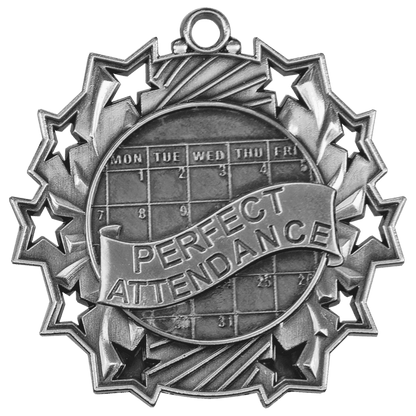 Antique Silver 2 1/4" Perfect Attendance Ten Star Medal