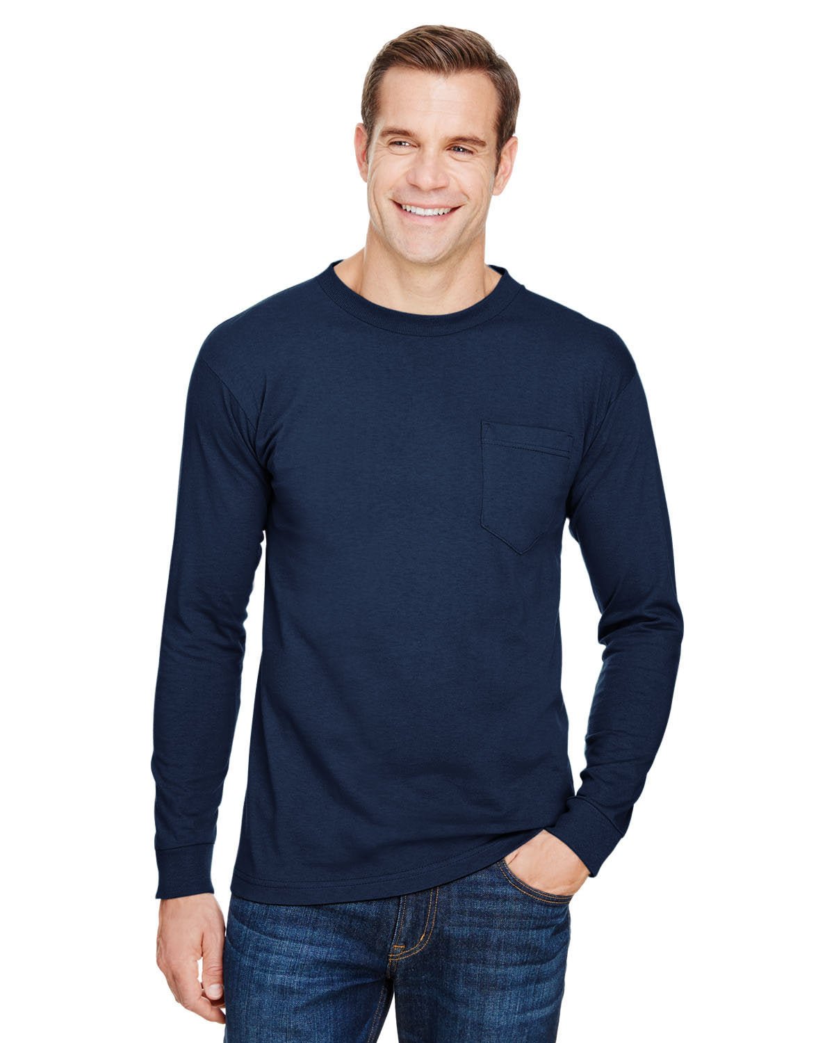 Bayside BA3055 Unisex Union-Made Long-Sleeve Pocket Crew T-Shirt