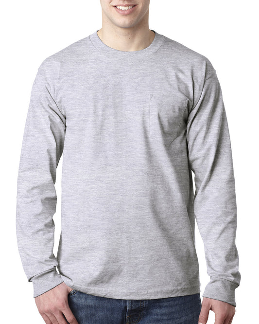Bayside BA8100 Adult 6.1 oz., 100% Cotton Long Sleeve Pocket T-Shirt - Custom Decorated