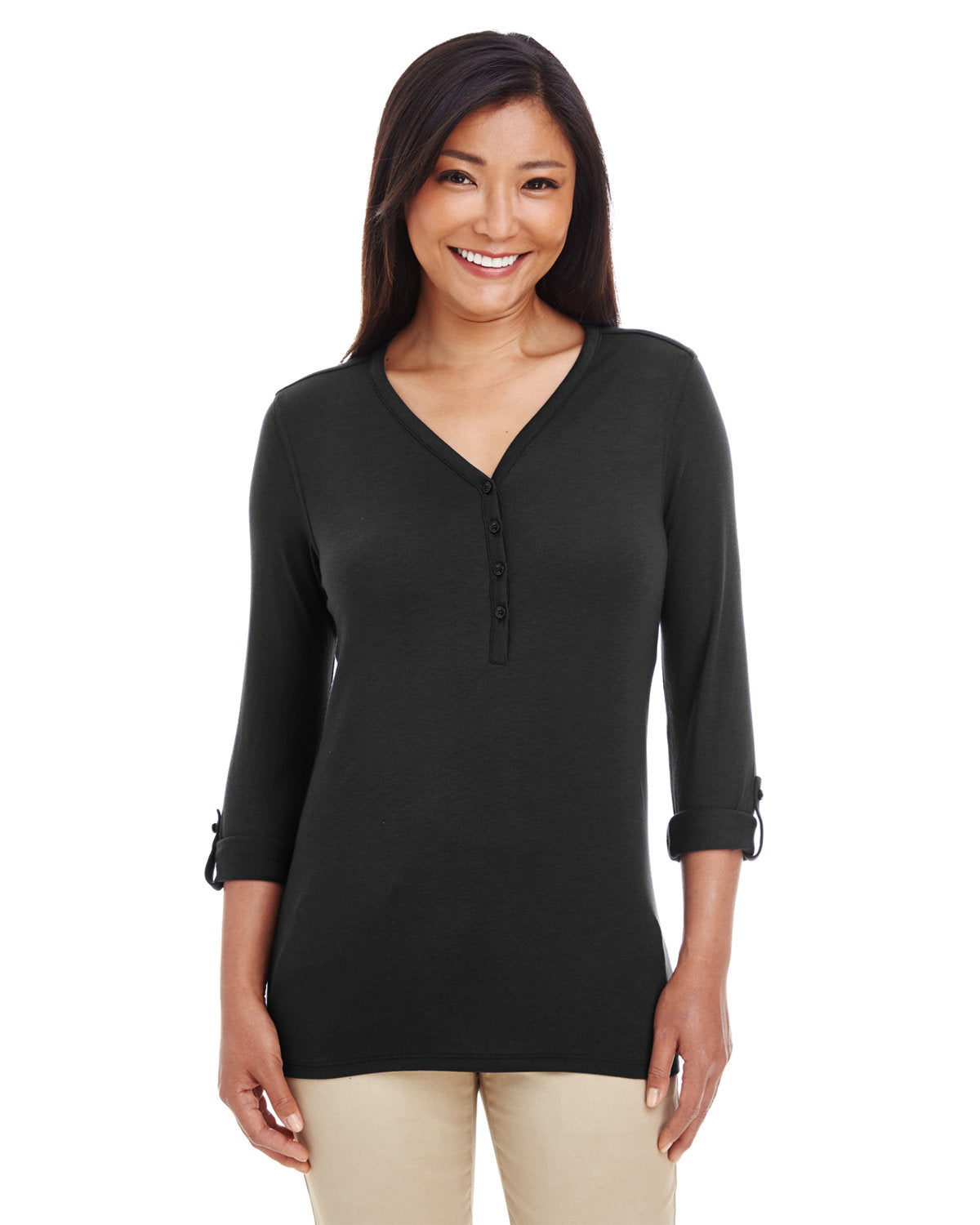 Devon & Jones DP186W Ladies' Perfect Fit Y-Placket Convertible Sleeve Knit Top - Custom Decorated