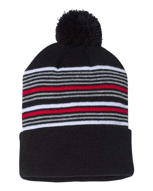 Sportsman SP60 12" Striped Pom-Pom Cuffed Beanie - Custom Decorated