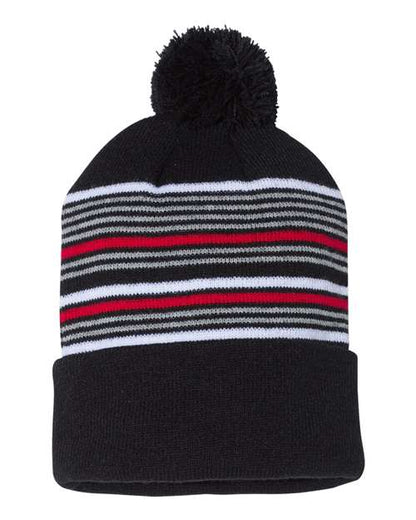 Sportsman SP60 12" Striped Pom-Pom Cuffed Beanie - Custom Decorated
